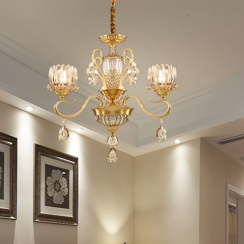 Traditional Lotus Hanging Chandelier 3/5-Light Clear Crystal Glass Ceiling Pendant Lamp in Brass