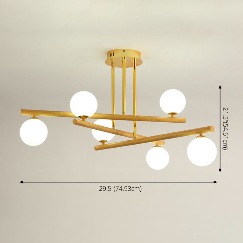 White Glass Bubble Chandelier Modern Gold and Wood Grain Hanging Light for Living Room