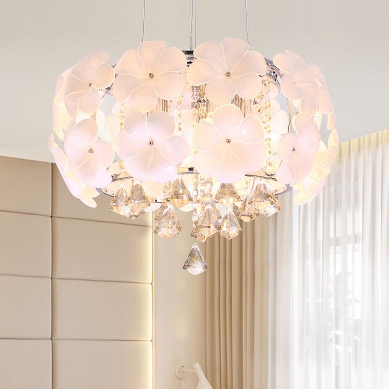 White 5/8 Lights Pendulum Light Modernism Flower Crystal Drum Frame Chandelier Lamp Fixture, 18"/21.5" Wide