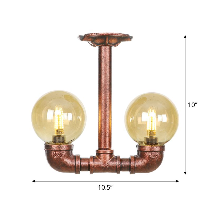 Orb Restaurant Semi Flush Light Fixture Rustic Amber Glass 2 Lights Copper Flush Lamp