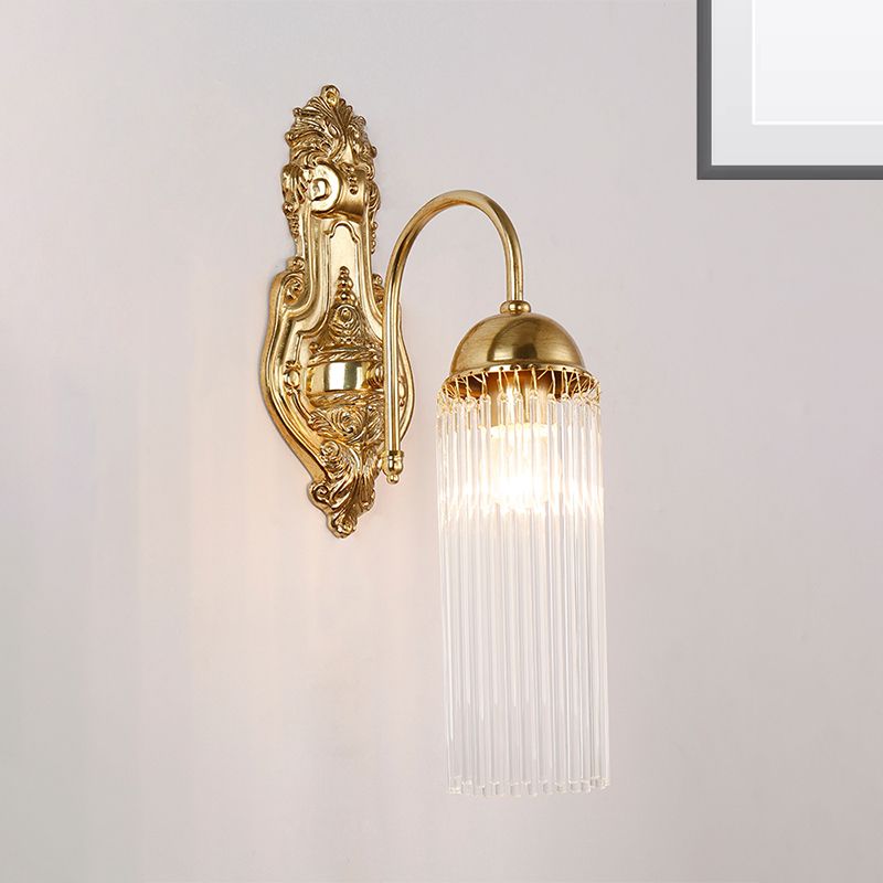Tubular Corridor Wall Lighting Clear Crystal 1/2-Bulb Modern Style Sconce Lamp with Metal Gooseneck Arm in Gold