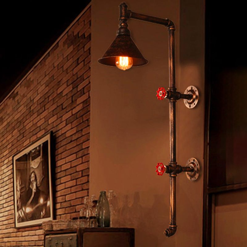 Cone Shade Iron Wall Light Kit Industrial Single Living Room Wall Mount Lamp with Valve and Bracket Design in Bronze