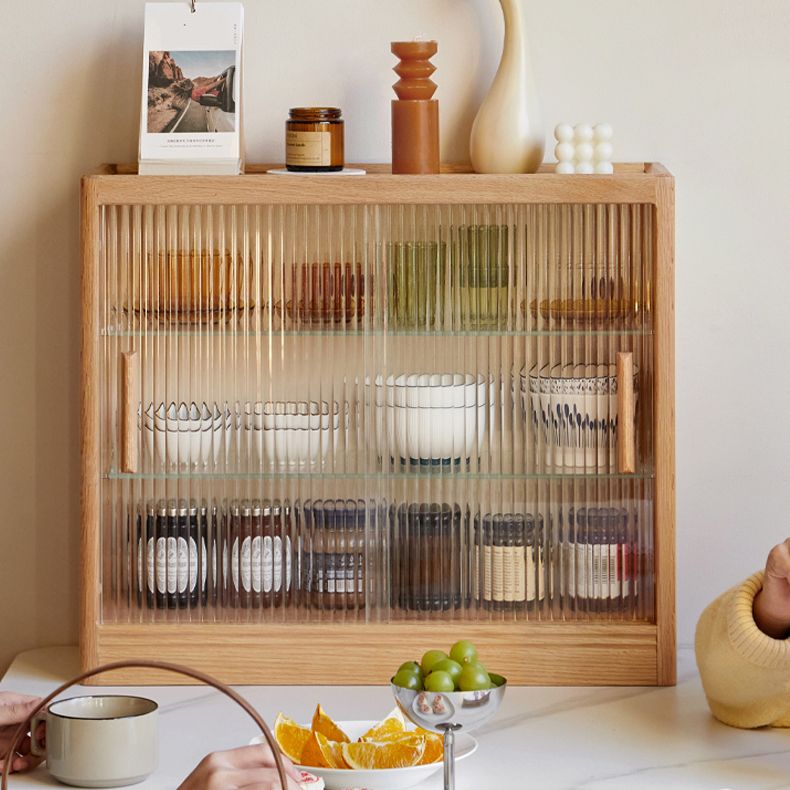 Solid Wood No Distressing Natural Glass Paned Accent Cabinet