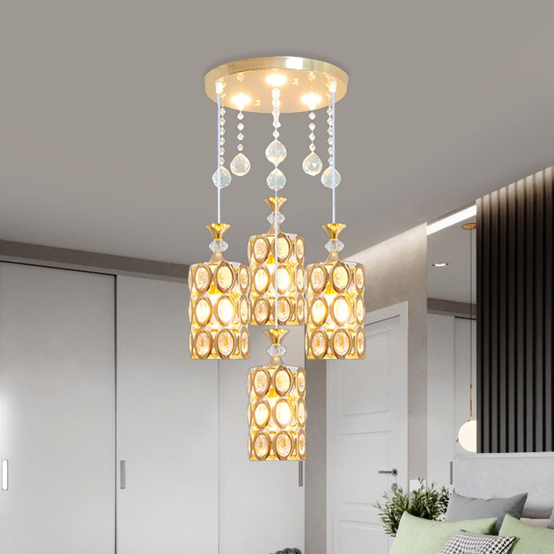 Crystal Encrusted Cylinder Multi-Light Pendant Modernist 4-Light Ceiling Suspension Lamp in Gold