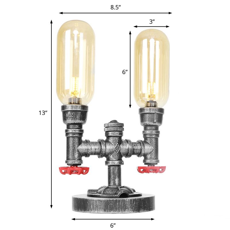 Lámpara de escritorio industrial de 2 luces con pantalla de cápsula de luz de mesa plateada antigua de vidrio transparente/ámbar para sala de estar