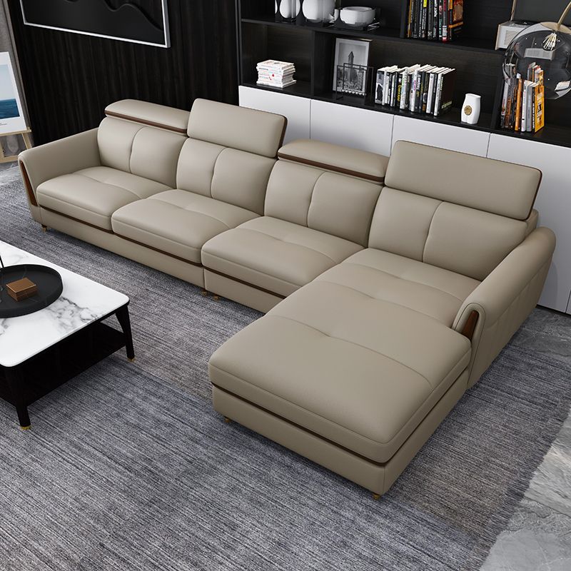 Scandinavian Stain-Resistant Genuine Leather Light-grey Sofa & Chaise