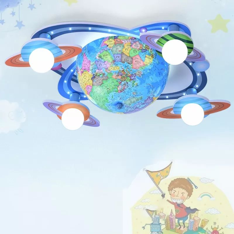 Houten bol plafondmontage licht vier hoofden moderne plafondarmatuur in blauw voor babykamer