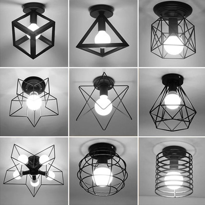 Black Caged Semi Flush Ceiling Light Industrial Iron 1-Light Corridor Flush Mount Light
