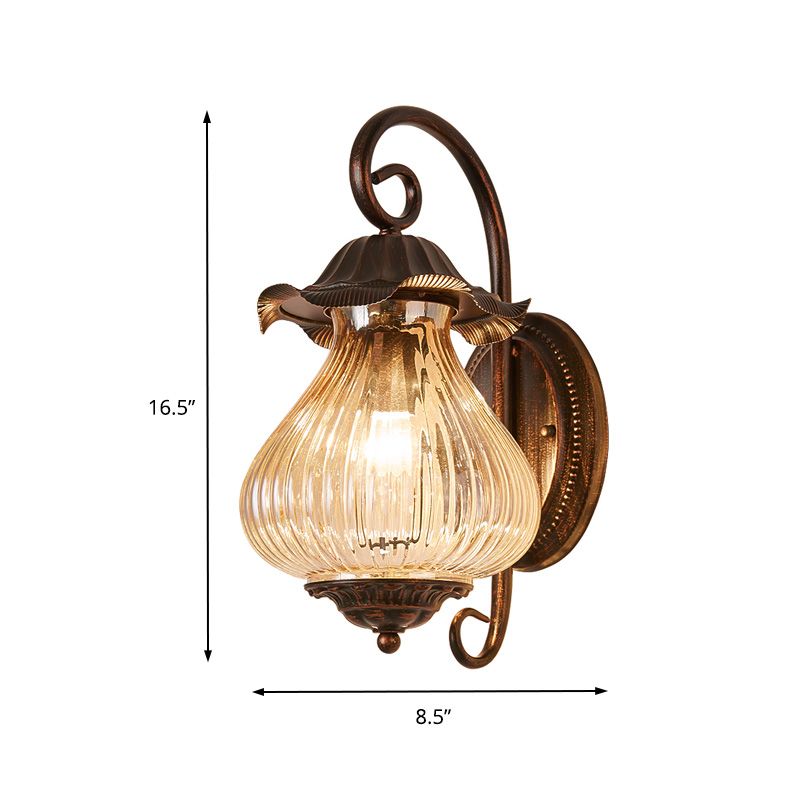 1 Light Pressed Ribbed Glass Wall Sconce Light Industrial Black Lantern Bedroom Lighting Fixture in Weathered Copper