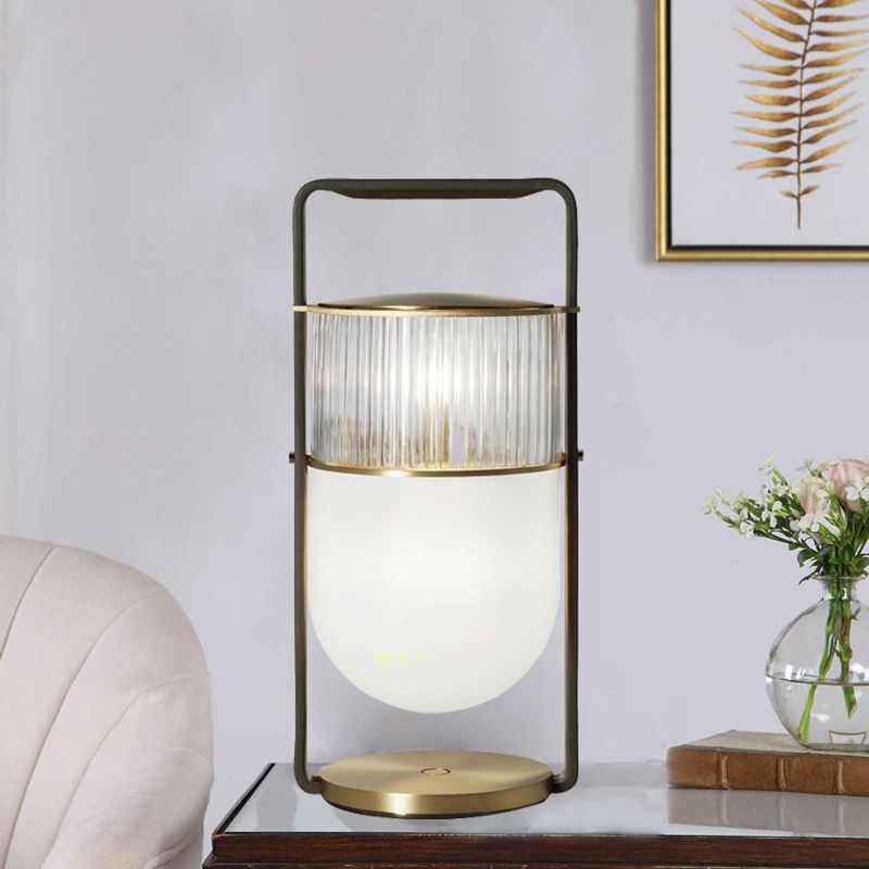 Lantern Handled Table Lamp Postmodern Frosted and Clear Ribbed Glass 1 Head Bedroom Nightstand Light in Black and Brass