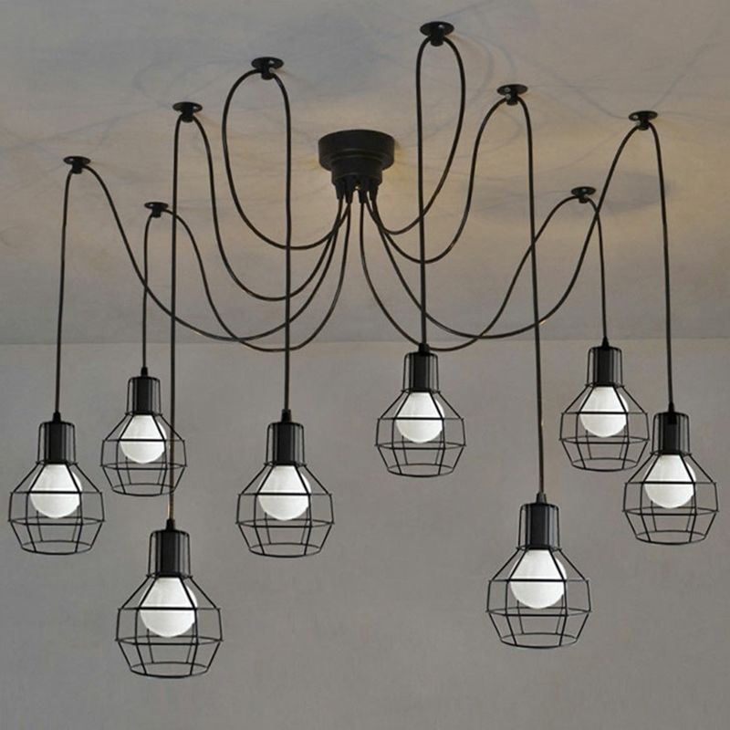 Industrial Ball Cage Swag Pendant 8-Head Iron Multiple Hanging Light in Black for Living Room