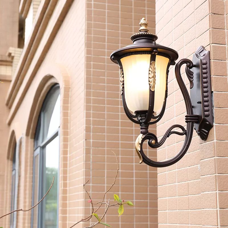 Vintage Bell Wall Light Fixture Single Frosted Rib Glass Wall Mounted Lamp in Coffee for Outdoor