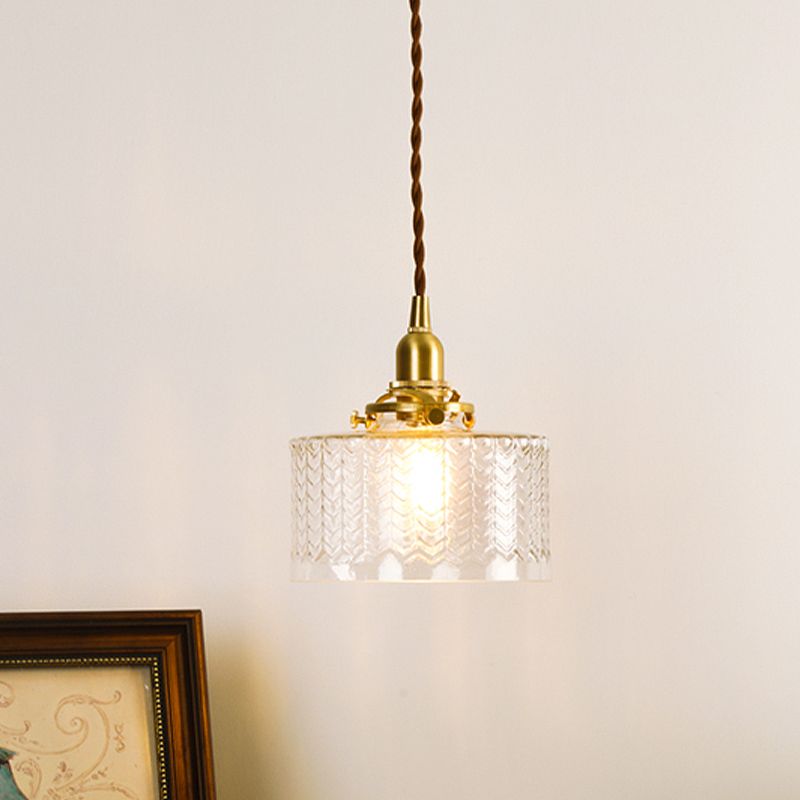 Drum Clear Textured Glass Pendant Colonialist 6"/8" W 1 Head Living Room Hanging Ceiling Light in Gold