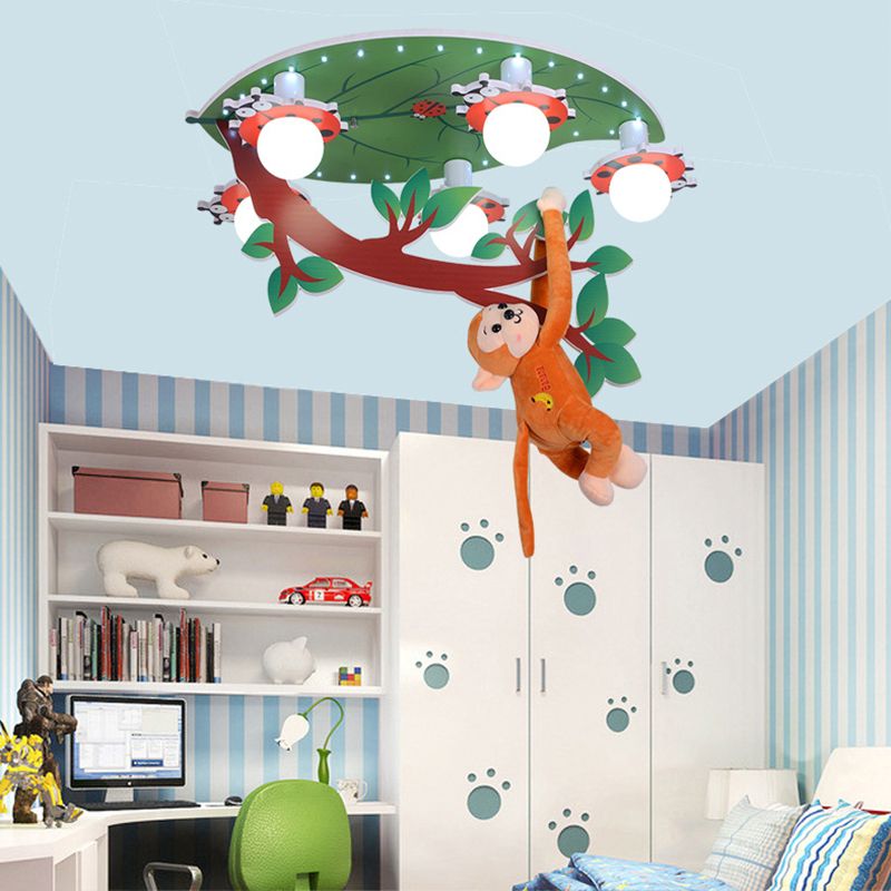 Wood Leaf Branch Ceiling Mount Light with Hanging Monkey Animal Ceiling Lamp in Green for Baby Room