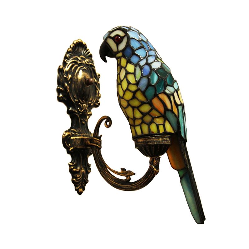 1 Light Parrot Wall Sconce Light Rustic Loft Stained Glass Wall Lighting in Red/Blue for Bedroom