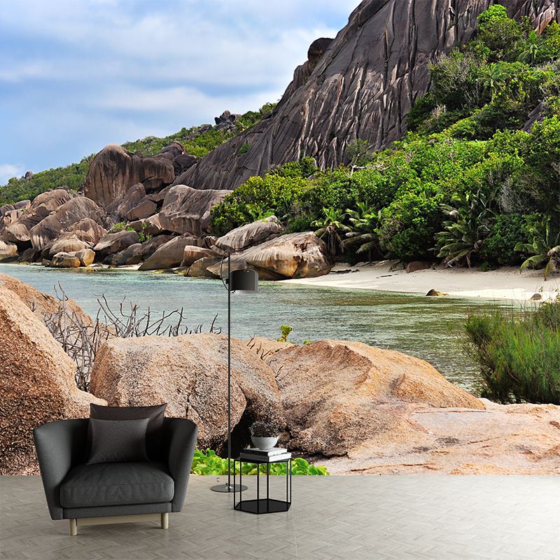Full-Size Tropical Mural Brown Part of Seashore at the Foot of Mountain Wall Covering, Made to Measure