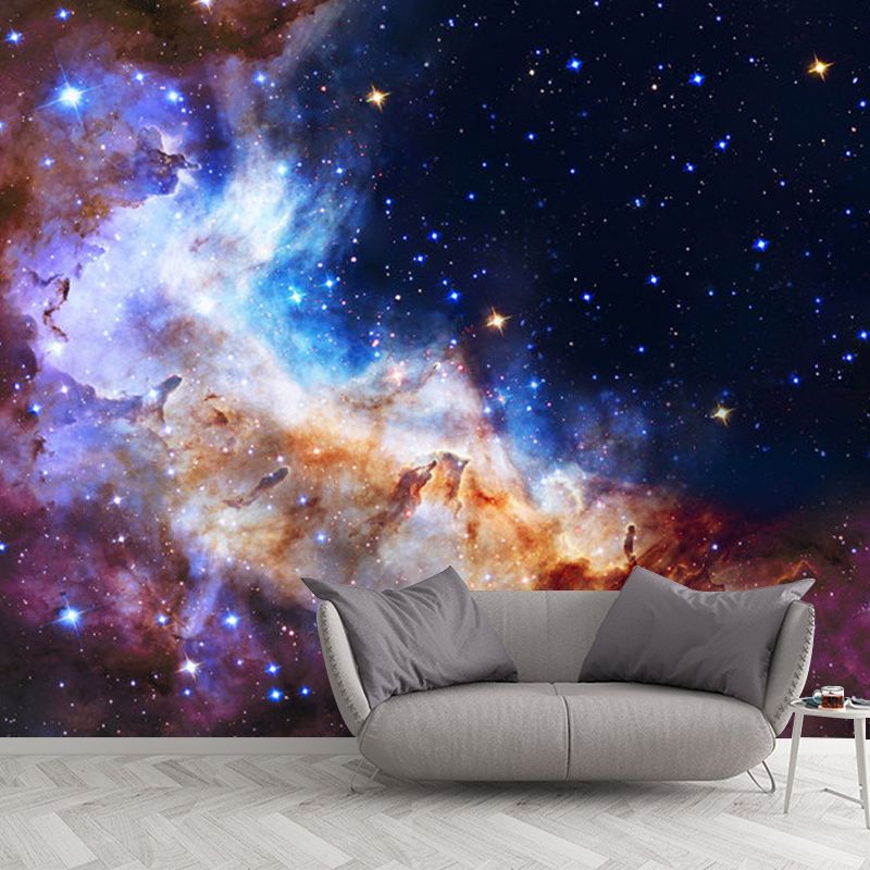 Big Galaxy Wall Covering for Living Room Stars Mural Wallpaper in Blue and Purple, Stain-Resistant