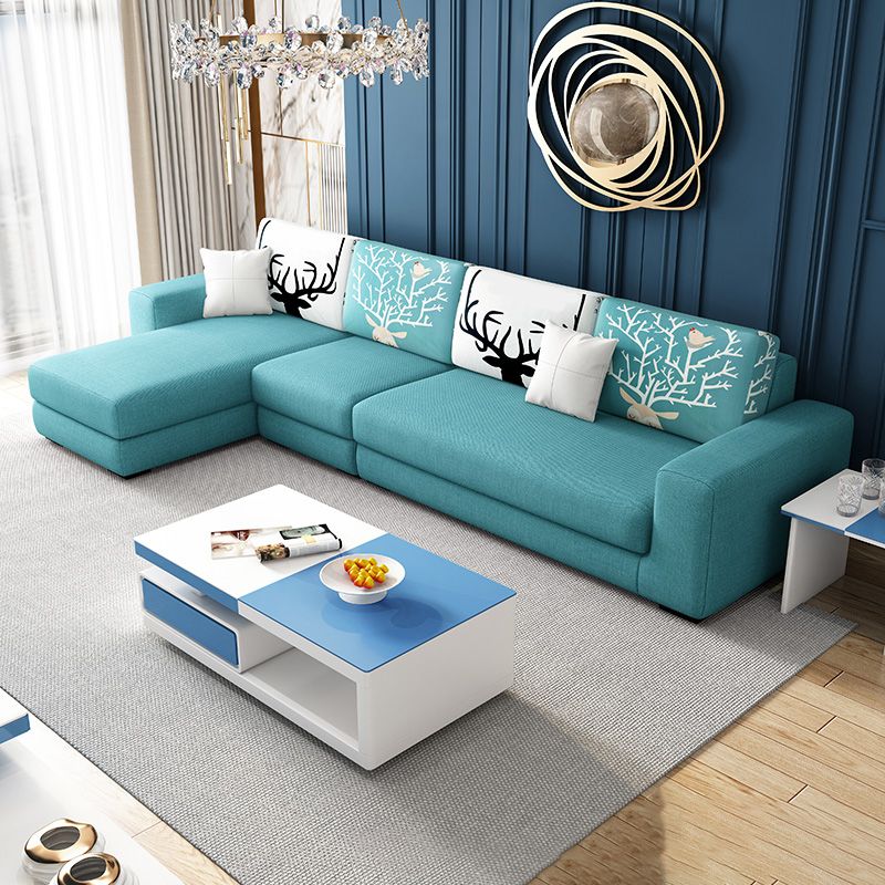 Cotton Blend Sofa and Faux Leather Square Arm Pillowed Back Cushions Sectionals