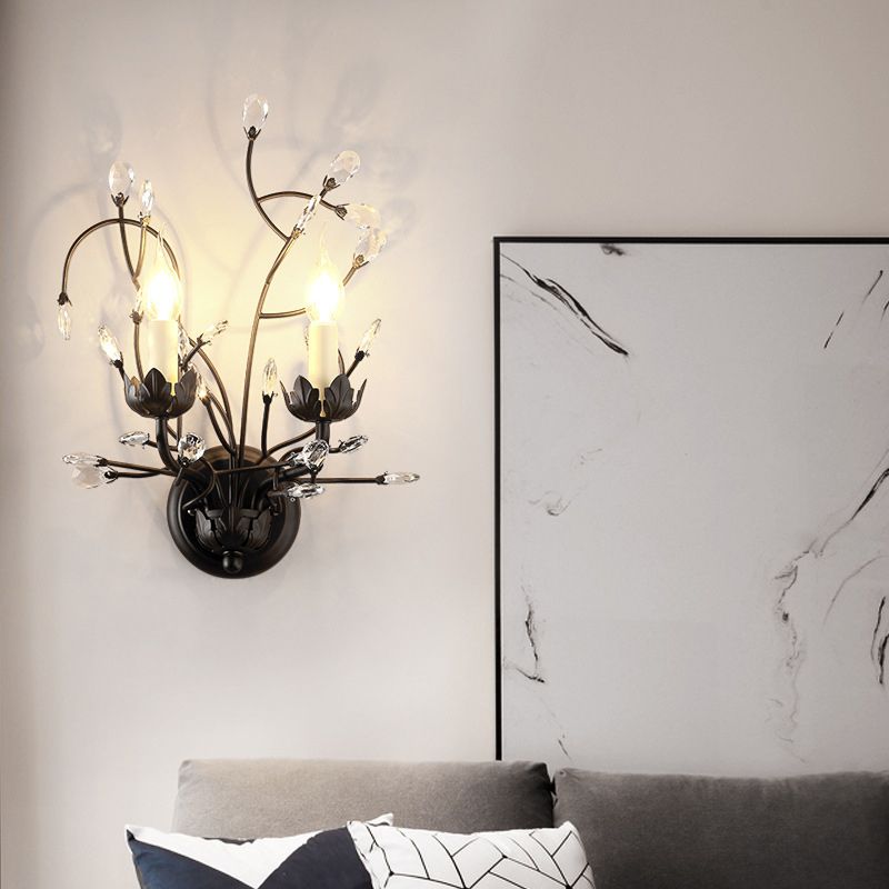 Crystal Candle Shape Wall Sconce Modern Style 2 Lights Wall Light Fixture in Black
