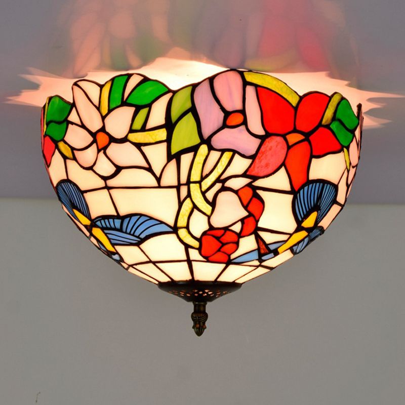 Buntglas-Blumen-Deckenleuchte, Tiffany-Deckenleuchte, 2 Lichter, Messing, Unterputzleuchte für Schlafzimmer