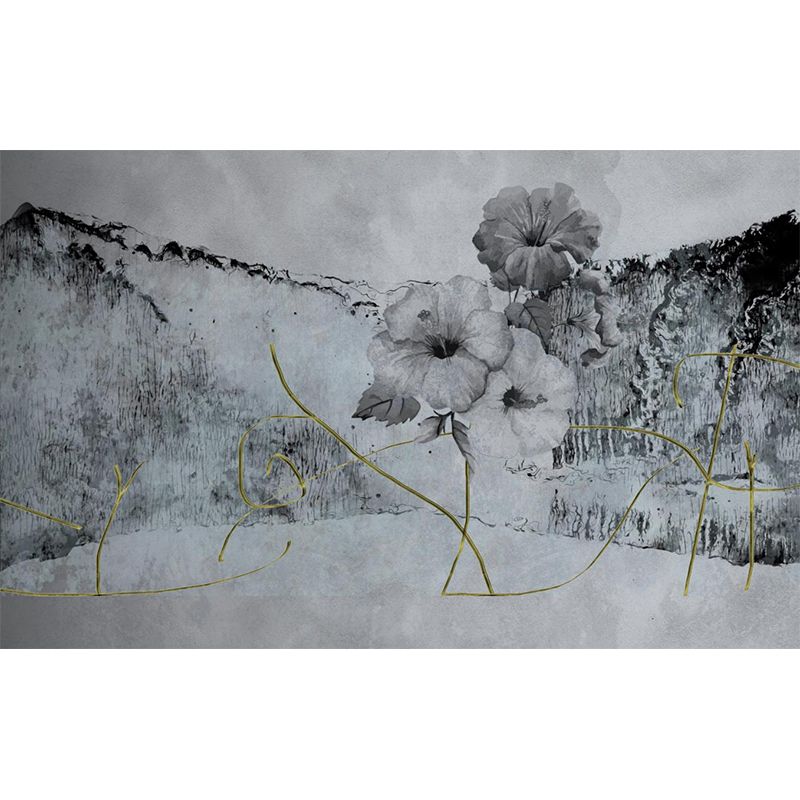 Minimalist Flower Ink Planting Murals Black-Grey Bedroom Wall Covering, Personalized Size