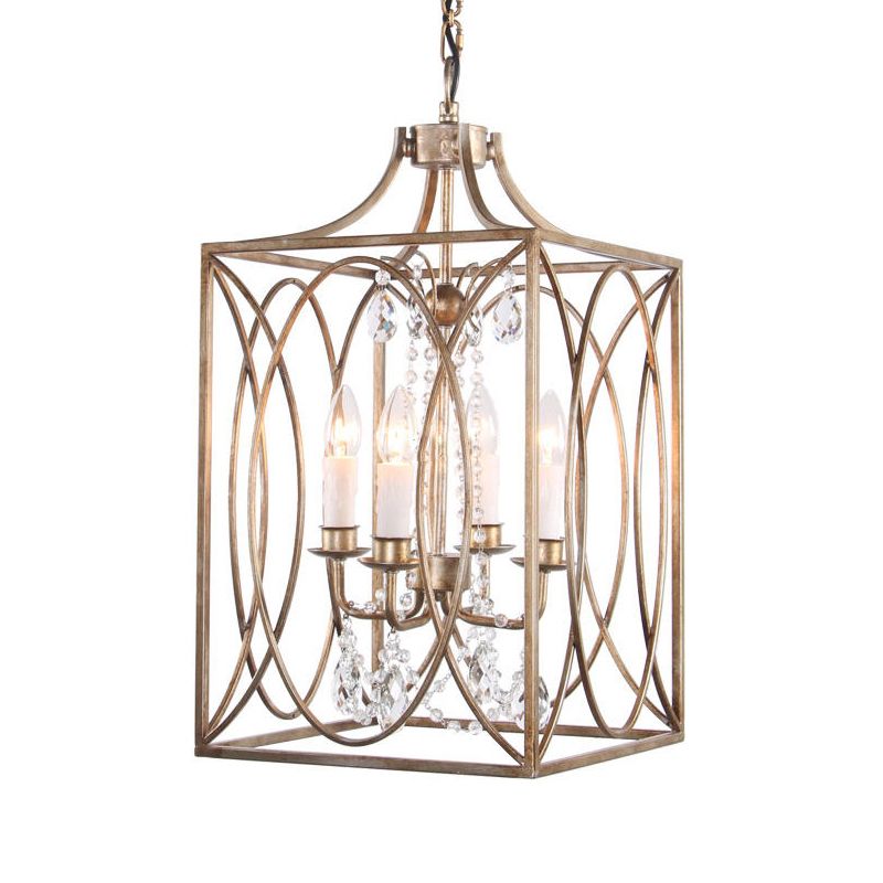 Rectangle Living Room Hanging Lamp Traditional Metal 4 Bulbs Brass Chandelier Pendant Light with Cascading Crystal