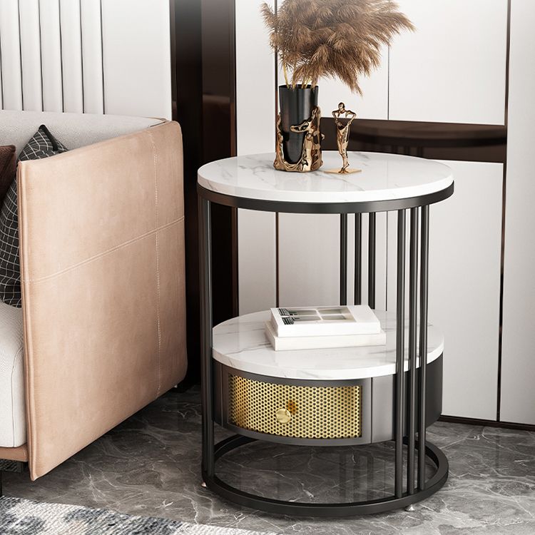 Contemporary Slate Top Round Side End Table Frame End Table with Drawer