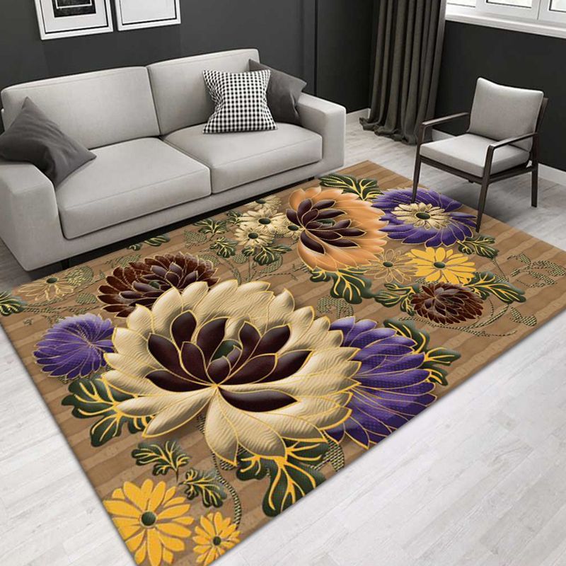 Green Modern Rug Flowers Polyester Indoor Rug Stain Resistant Rug for Living Room