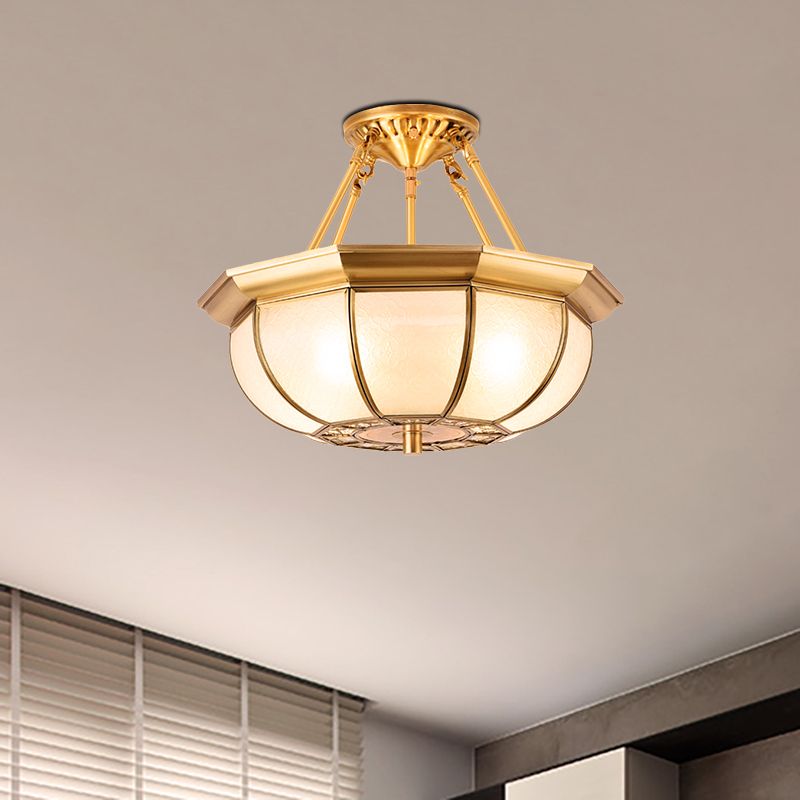 Colonial Oval Ceiling Light Fixture 3/4/6 Bulbs Cream Glass Semi Mount Lighting in Brass for Bedroom, 14"/18"/23.5" W