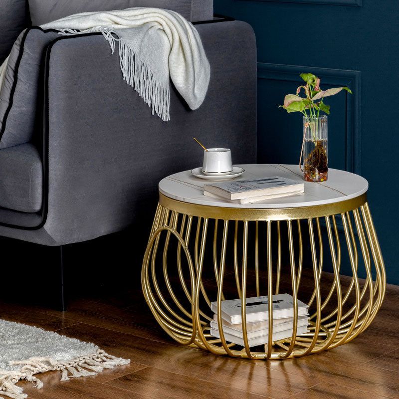 Glam Slate/Glass Top Coffee Table Dia 21.7" Frame Cocktail Table with Storage