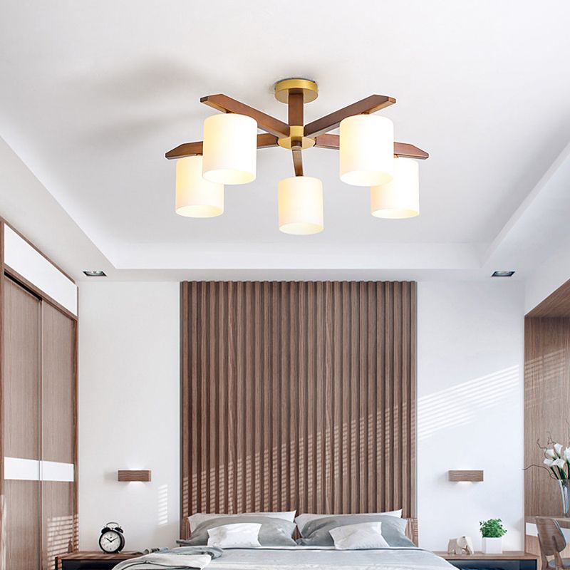 Cilinder crème glazen kap semi-gemonteerd verlichting eenvoudig beige lichtarmatuur met houten luifel