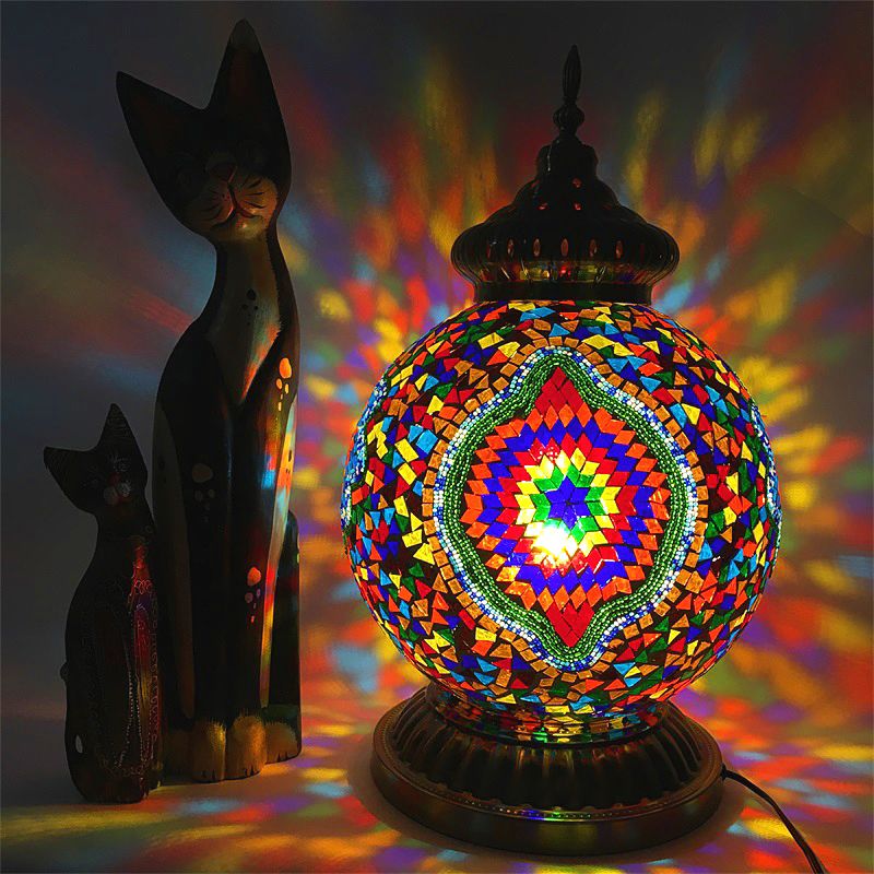 Lámpara de mesa de noche con esfera amarilla/púrpura, vidrieras multicolores vintage, 1 cabezal
