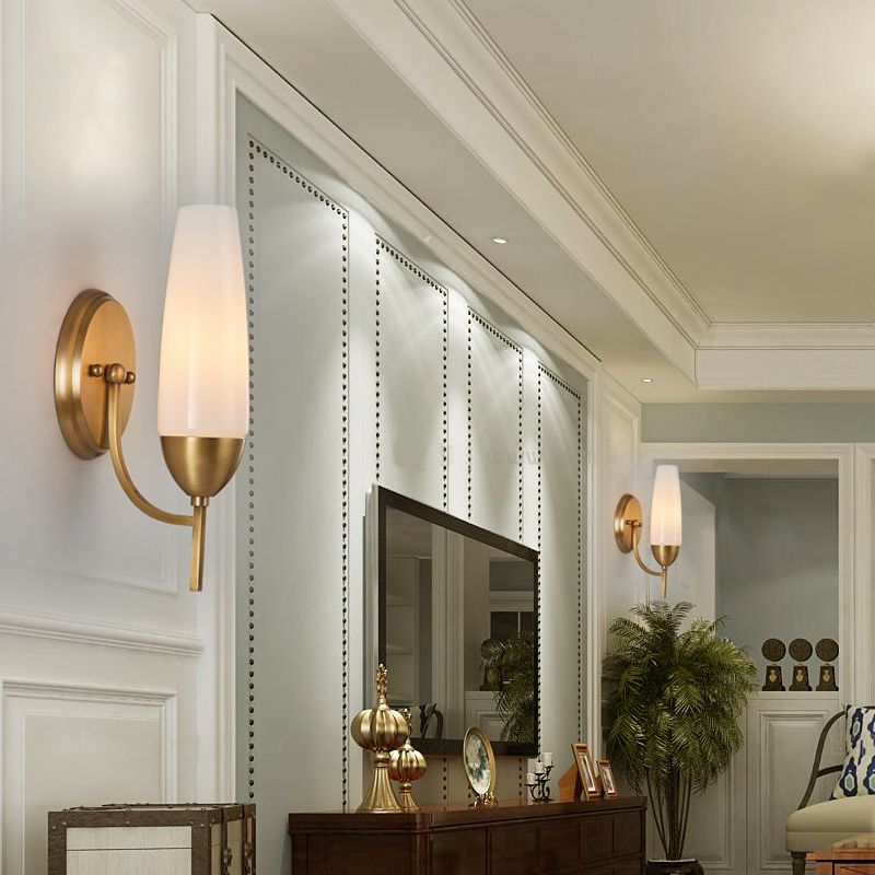 Contemporary 1 Bulb Wall Lamp Brass Conical Sconce Light Fixture with Milky Glass Shade