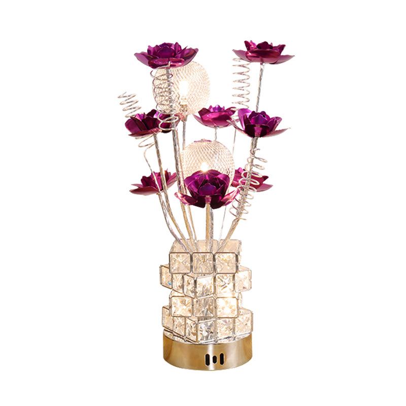 Lampada da tavolo floreale Art Decor Lampada da scrivania a LED in alluminio con base in blocco di cristallo in viola/rosso per comodino