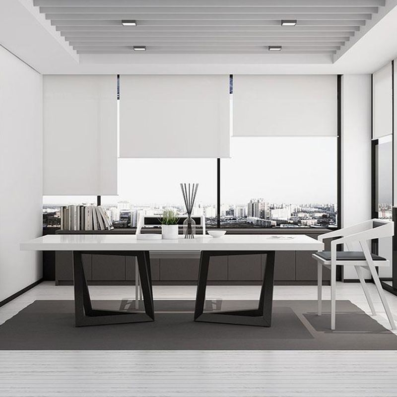 Mesa de comedor rectangular de estilo lujoso con pedestal doble, mesa fija con madera maciza