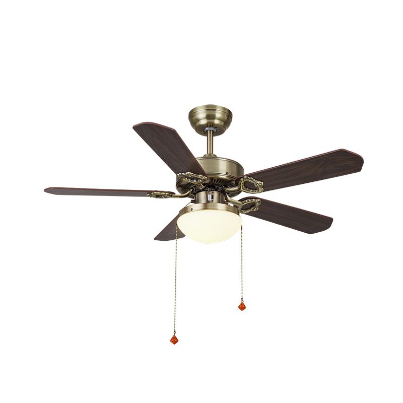 Antiqued Dome Pendant Fan Light Fixture Cream Glass LED Semi Flush Lamp in Brass with 5 Wood Vanes, 42"/48"/52" Wide