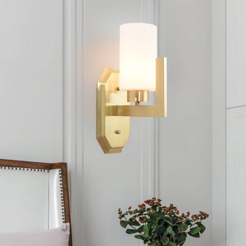 1 Bulb Living Room Wall Lamp Modern Gold Sconce Light Fixture with Tubular Milk Glass Shade