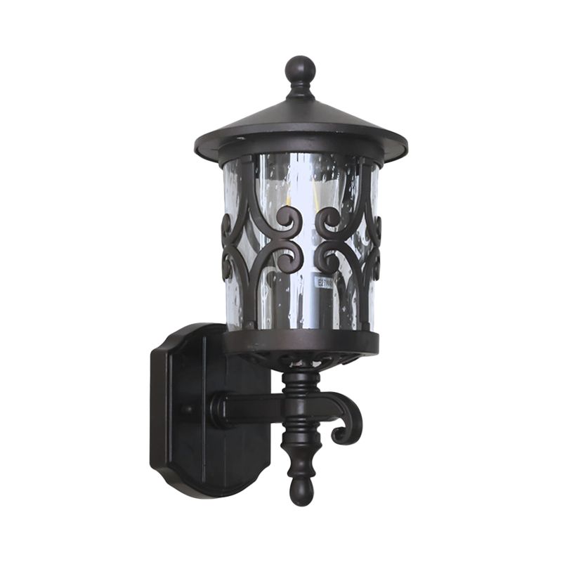 1-Light Wall Lighting Classic Lantern Clear Bubble/Crackle Glass Sconce Light in Dark Coffee for Courtyard