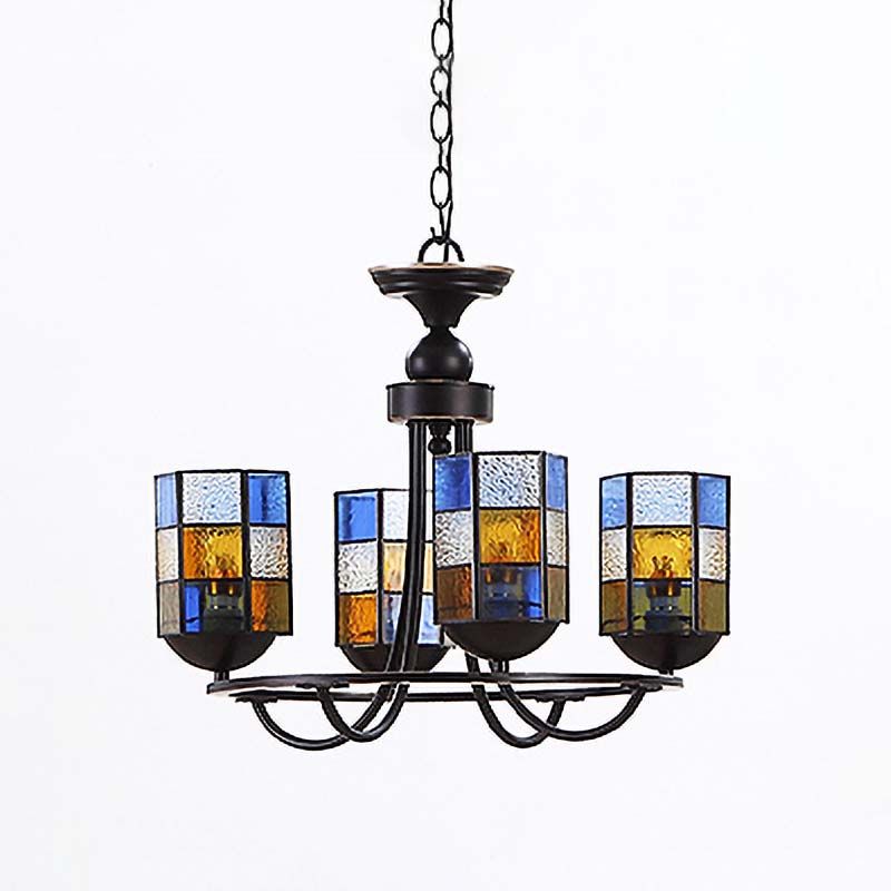 Verre en verre bleu lustre luminaire Cylindre 4/6/8 Lumières Éclairage pendentif méditerranéen pour salle à manger