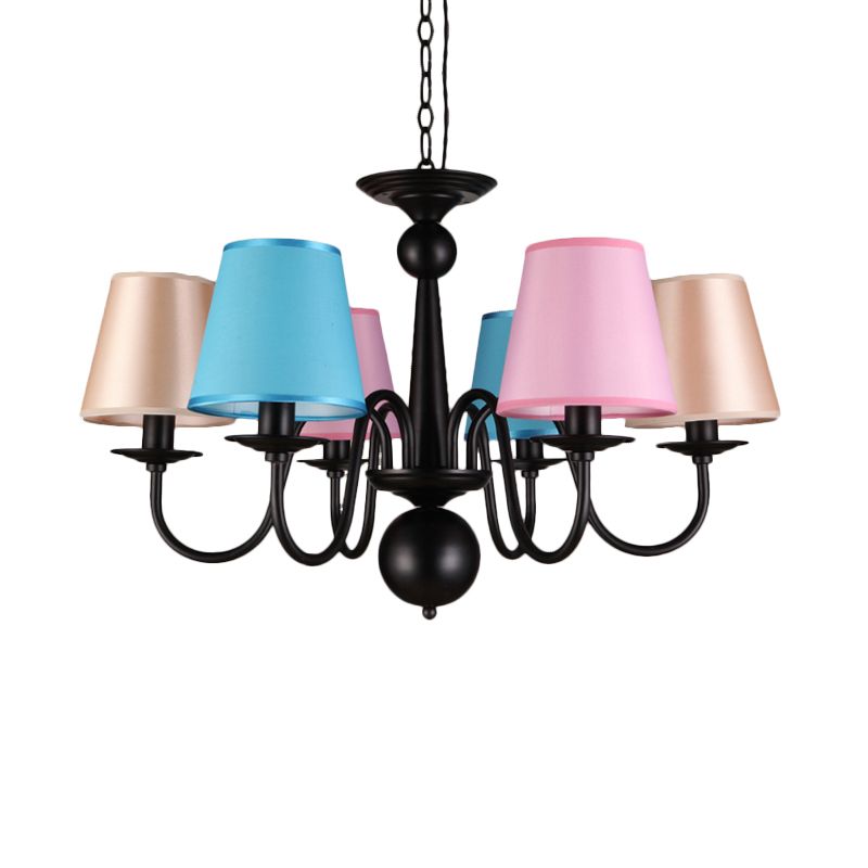 Kegel restaurant plafond kroonluchter traditionele stof 6 lichten zwarte afwerking hangend licht licht met metalen gebogen arm