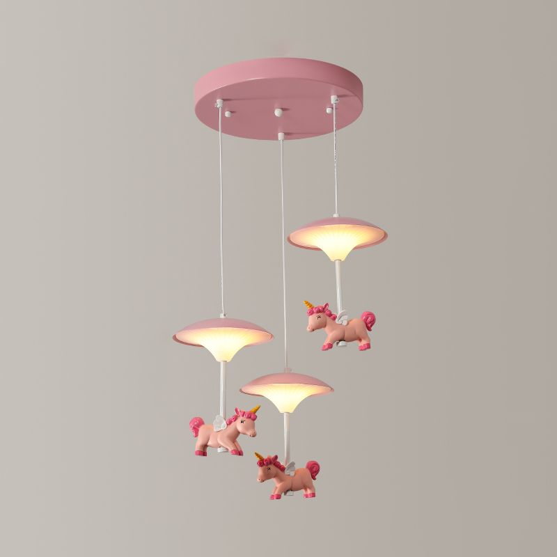 Pink Mushroom Ceiling Lamp Kid LED Metal Hanging Light Fixture with Cartoon Figurine for Bedroom