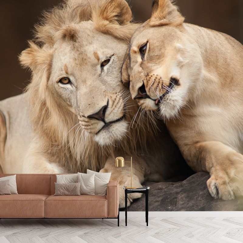 Brown Lover Lion Wallpaper Mural Waterproofing Wall Art for Living Room, Made to Measure