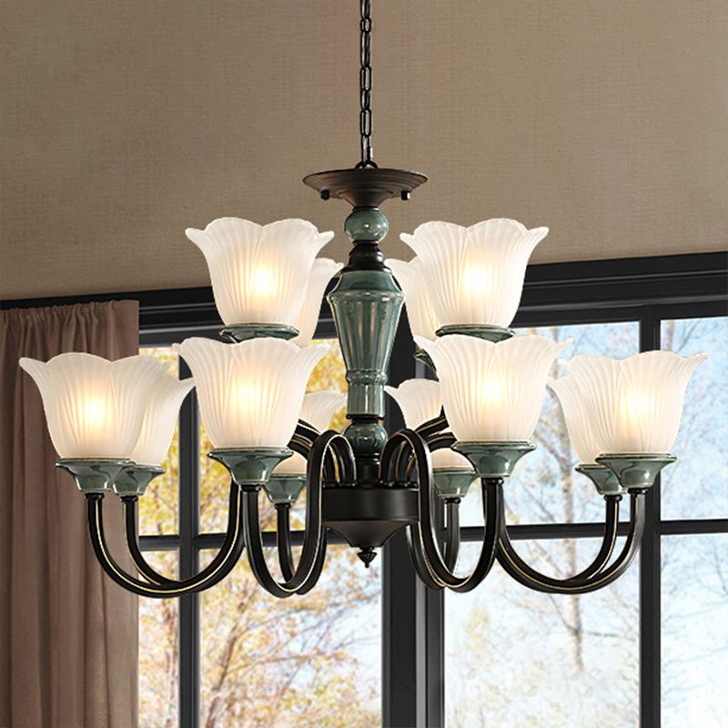 Blackish Green Floral Suspension Light Rustic Frosted Glass Living Room Chandelier Light with Curved Arm