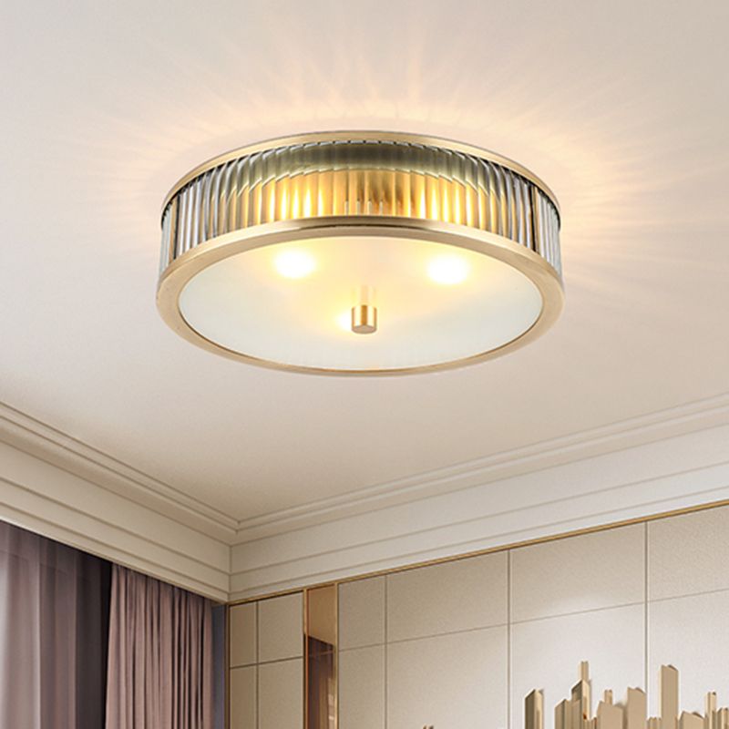 Simplicity Drum Shaped Flush Mount Lamp Clear Ribbed Glass Ceiling Light in Brass for Bedroom