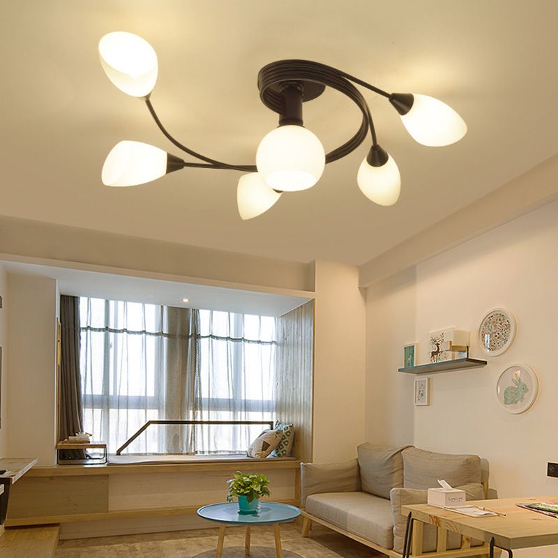 Black Multi Lights Semi Flush Mount Traditional White Glass  Ceiling Light for Living Room