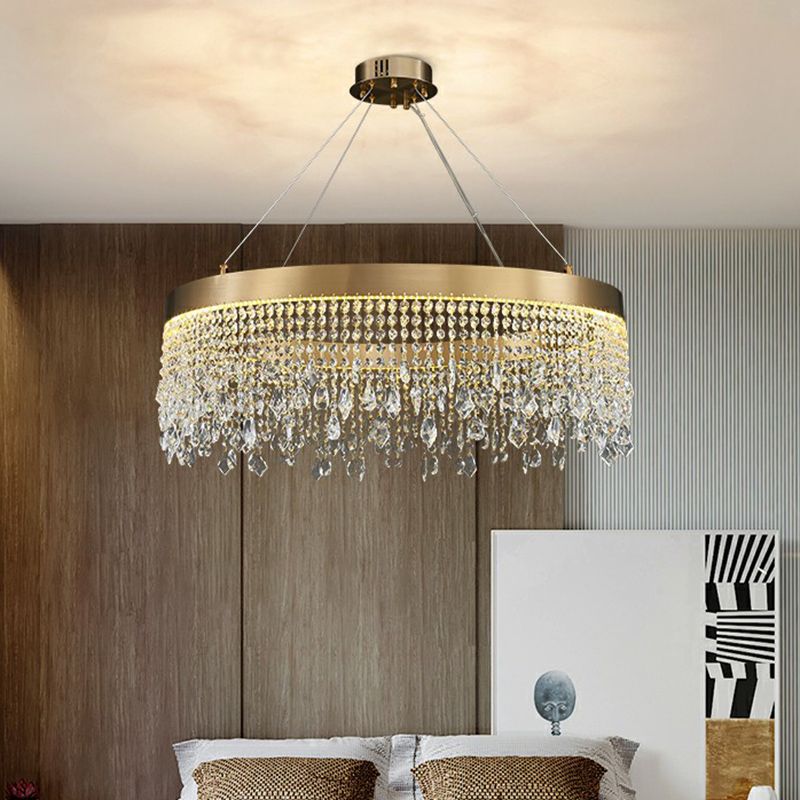 Stainless Steel Ring Shaped Pendant Lamp Postmodern Gold LED Chandelier with Draping Crystals