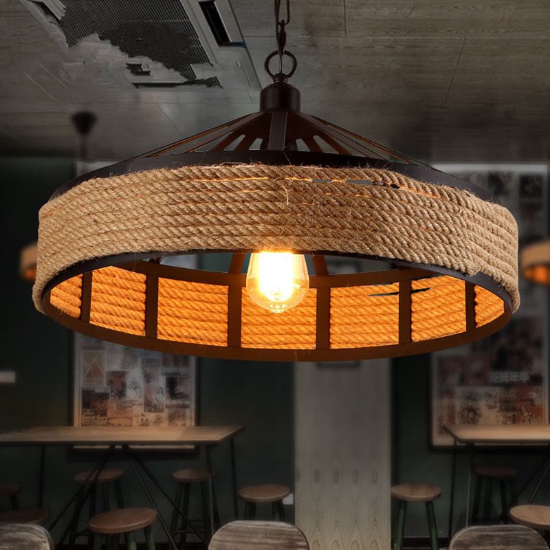 Scheune Metall Hanging Deckenleuchte Antiquled 1 Lampenrestaurant Jute Seilpendant in Schwarz
