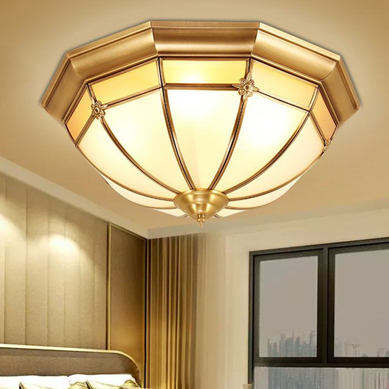 Colonial Dome Shaped Flush Mount Lighting Opal Frosted Glass Ceiling Fixture in Brass
