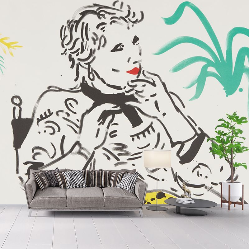 Yellow-Green Pop Art Mural Full-Size Woman Sitting in A Chair Wall Decor for Bedroom