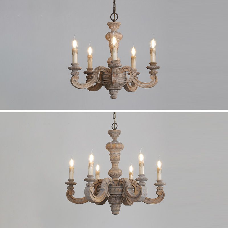 Solid Wood Candelabra Chandelier Vintage Country Style Parlor Pendant Light